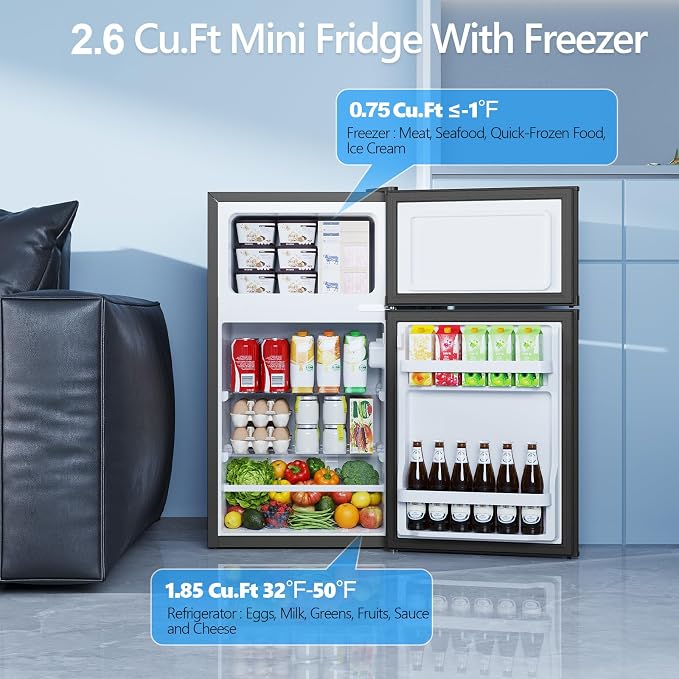Electactic 2.6 Cu.Ft Mini Fridge with Freezer, Double-Door Compact Refrigerator, Adjustable Glass Shelves, Mechanical Thermostat & Leveling Feet, Space-Saving for Apartment/Dorm/Office, Black - Image 2