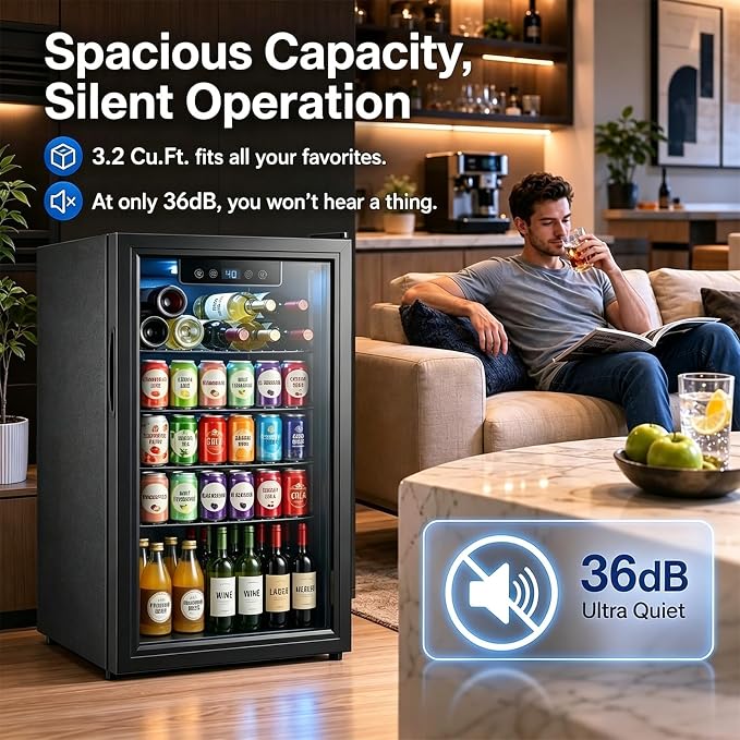 Beverage Refrigerator, 3.2 Cu.Ft Mini Fridge with Glass Door & Air Cooling, and Electronic Temperature Control for Beer, Wine, Soda, Compact Drink Fridge for Home, Office, Bar (3.2 Cu.Ft) - Image 4