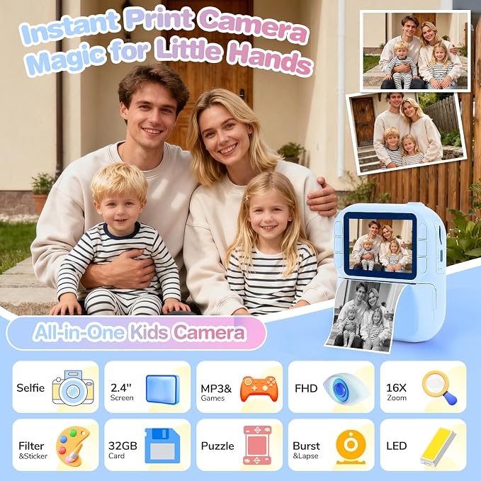 Kids Camera Instant Print with Color & Black-White Printing, 1080P HD Digital - Image 2