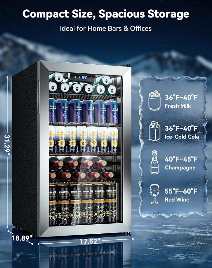 130 Can Beverage Refrigerator, Reversible Door, 3.2 Cu.Ft Drink Cooler | Glass Door, Adjustable Thermostat 34–64°F, Freestanding Beverage Fridge for Soda, Beer & Home Bar - Image 2