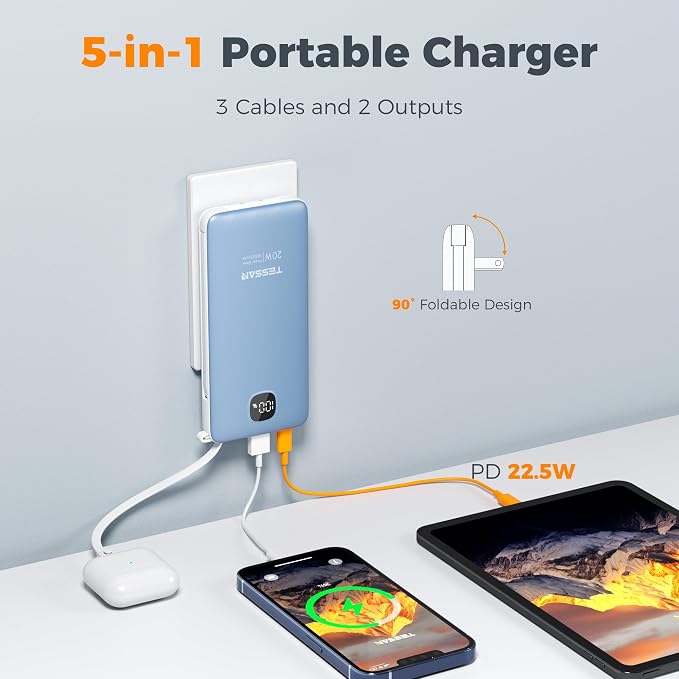 TESSAN Portable Charger with Built in Cables, 10000mAh Power Bank Fast Charging with Foldable AC Plug, PD20W Compact Battery Pack Travel Essentials for iPhone 17/16 Series, Samsung, Tablets, Blue - Image 2