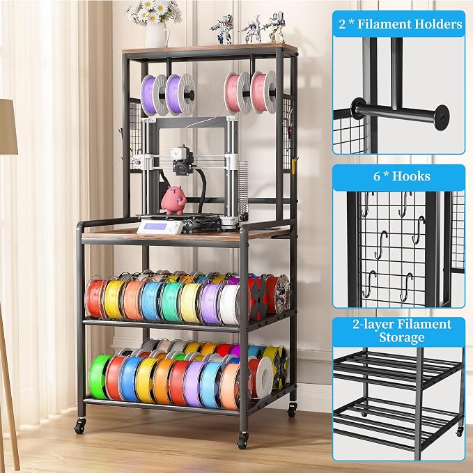 Kepproty 3D Printer Stand with Power Outlet, Rolling Storage Cart w/Filament - Image 4