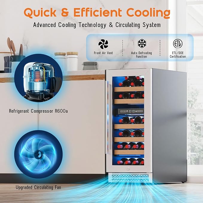 Albott 15 Inch Wine Fridge, Dual Zone 31 Bottle Wine Cooler | with Digital Temperature Control, Reversible Double-Layer Glass Door, Built-in or Freestanding Design for Home and Bar - Image 6
