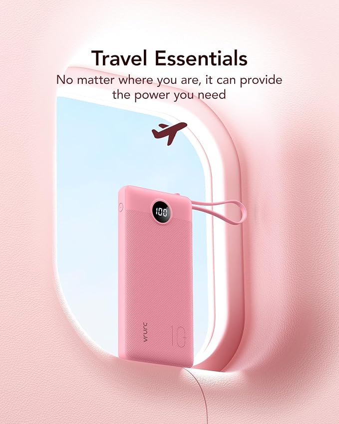 VRURC Portable Phone Charger, Travel Portable Charger with 4 Cables, 5 Outputs 2 Inputs Slim USB C Power Bank, Built-in Cables Cords for iPhone 17 16 15 14 13,Samsung,Android-Barbie Pink(1 Pack) - Image 6