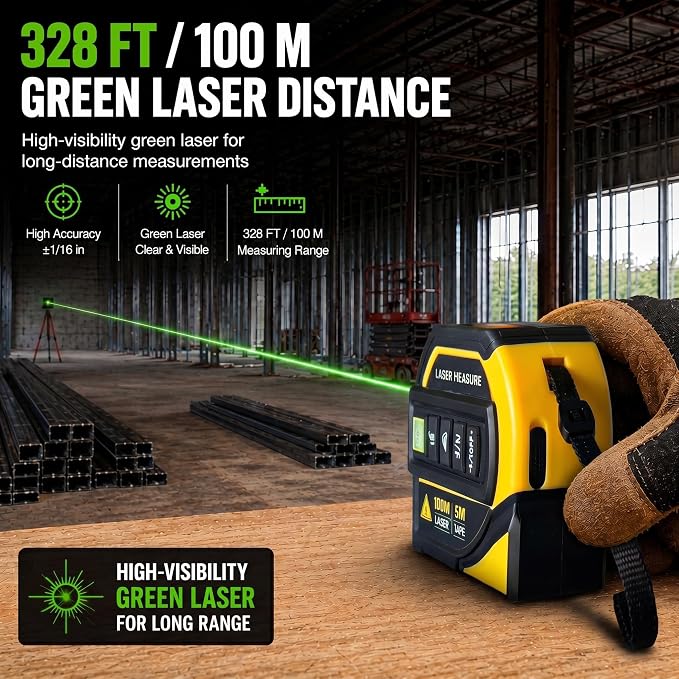 4-in-1 Digital Green Laser Tape Measure, 16FT Tape, 328FT Distance Meter | 33FT - Image 2