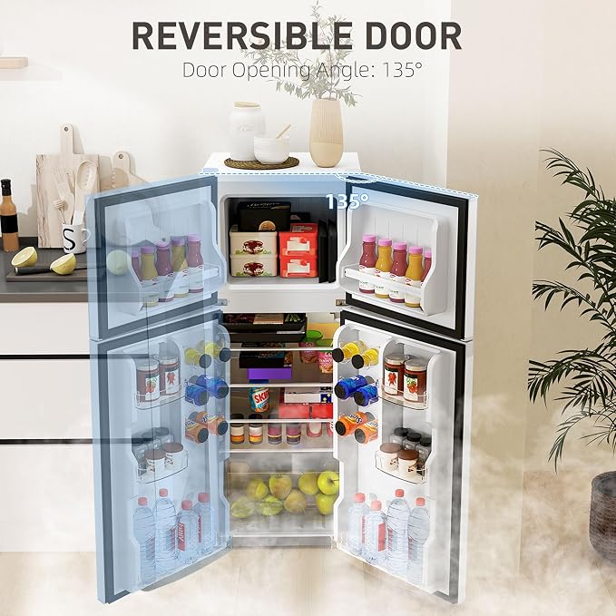 HOMCOM 4 Cu.Ft Mini Fridge with Freezer Double Reversible White | Compact Refrigerator, Adjustable Thermostat, Shelf, for Bedroom Dorm Home Office, Energy Efficient - Image 5