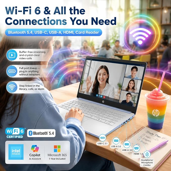 HP 14 Laptop for Students and Home Use, Intel Processor N150, 16GB RAM | 128GB UFS+256GB MSD, 14" HD Display, Wi-Fi 6, 1-Year Microsoft 365, Copilot AI Key, Lightweight, Sky Blue, W/Mouse - Image 6