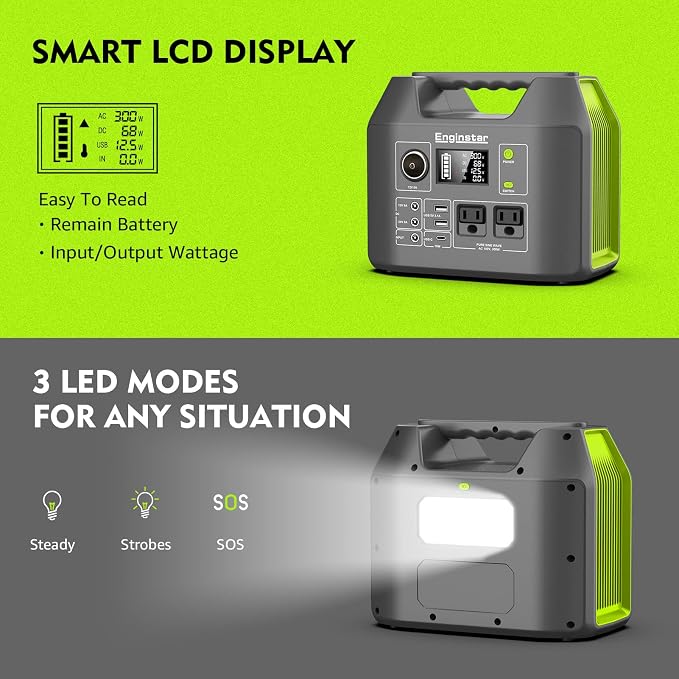 EnginStar Solar Generator, 300W Portable Power Station, 296Wh Lithium Battery Backup w/Two 110V Pure Sine Wave AC Outlet for Camping Road Trip RV, 80000mAh Sufficient Power Supply for Blackout - Image 7