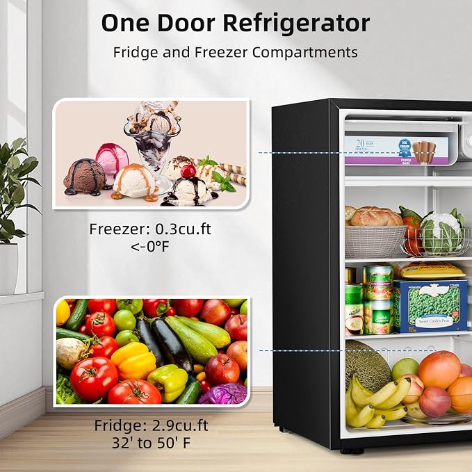 Antarctic Star 3.2 Cu.Ft.Compact Refrigerator with Freezer, Mini Fridge Single Door with Adjustable Thermostat,Removable Glass Shelves for Apartment,Dorm,Office,Kitchen，BLACK - Image 5