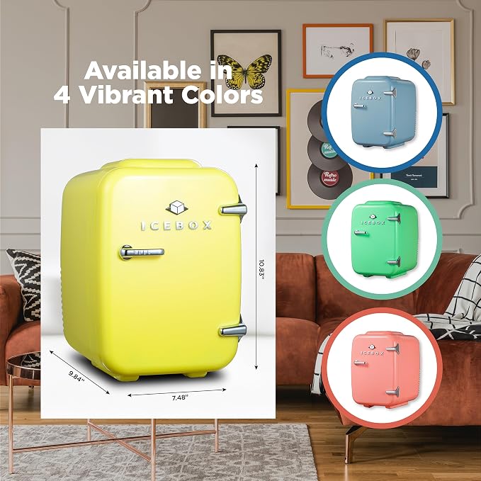 IceBox 4-Liter Mini Fridge Cooler/Warmer, IBMF4SUN, Sun Yellow | Portable Refrigerator Holds 6 Cans, Compact for Skincare, Beverages and Food, Includes 120V AC and 12V Car Adapters - Image 7