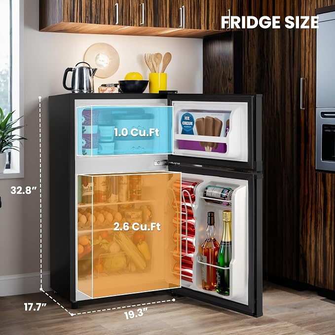 3.55 Cu.Ft Refrigerator with Freezer for Kitchen Office, Black | Double Door Small Fridge with Freezer, 7-Level Thermostat, Adjustable Shelves & Quiet Operation for Dorm and Bedroom - Image 2
