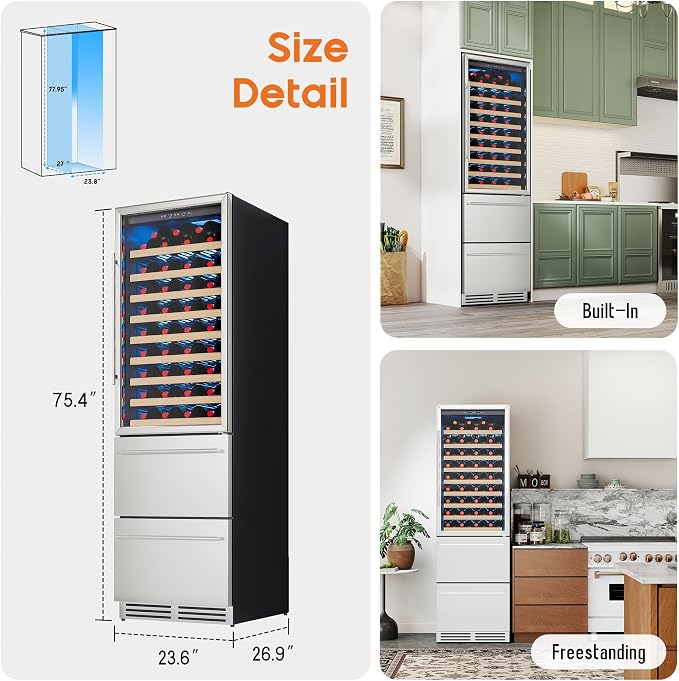 Albott 24 Inch Wine and Beverage Refrigerator, 2 In 1 Dual Zone | 49 Bottle Wine Cooler, 37–72℉, Soft LED Light, Holds 108 Bottles & 150 Cans, Built-in or Freestanding Design for Home and Bar - Image 9