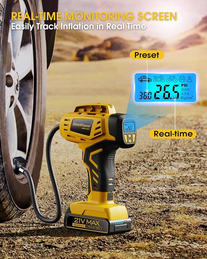 KeenPower Tire Inflator Portable Air Compressor - Super Fast - 21V Rechargeable Battery Powered Handheld 160PSI Tire Inflator, Dual Power Supply Modes, Portable Air Pump for Car Motorcycle E-Bike - Image 3