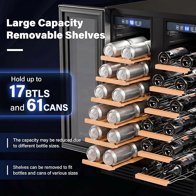 ROVSUN 24 Inch Wine and Beverage Refrigerator, Hold 17 Bottles and 61 Cans | 34 Bottles Dual Zone Wine Fridge, 37°F to 64°F, LED Light, Built-in or Under Counter Wine Refrigerator for Home/Bar/Kitchen - Image 3