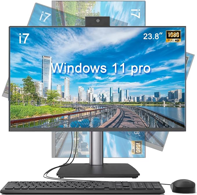 23.8 Inch All-in-One Desktop Computer,i7 CPU,8GB RAM 256GB SSD,Win 11 Pro PC,Height Adjustable & Swivel Stand,HD Webcam,WiFi 5, Bluetooth,Built-in Speaker,AIO with Keyboard and Mouse for Home Office by Unknown