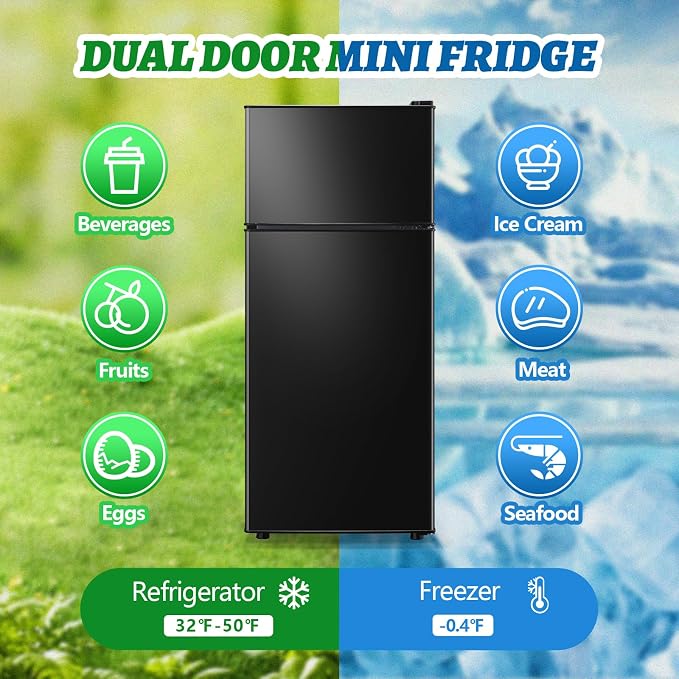 DEMULELR Small Refrigerator with Freezer2.6 Cu.ft Black Dual Door Mini Fridge with 3 Removable shelves & Side Drink Space Small Fridge for Office Dorm Home 14.77" W x 15" D x 35" H - Image 3