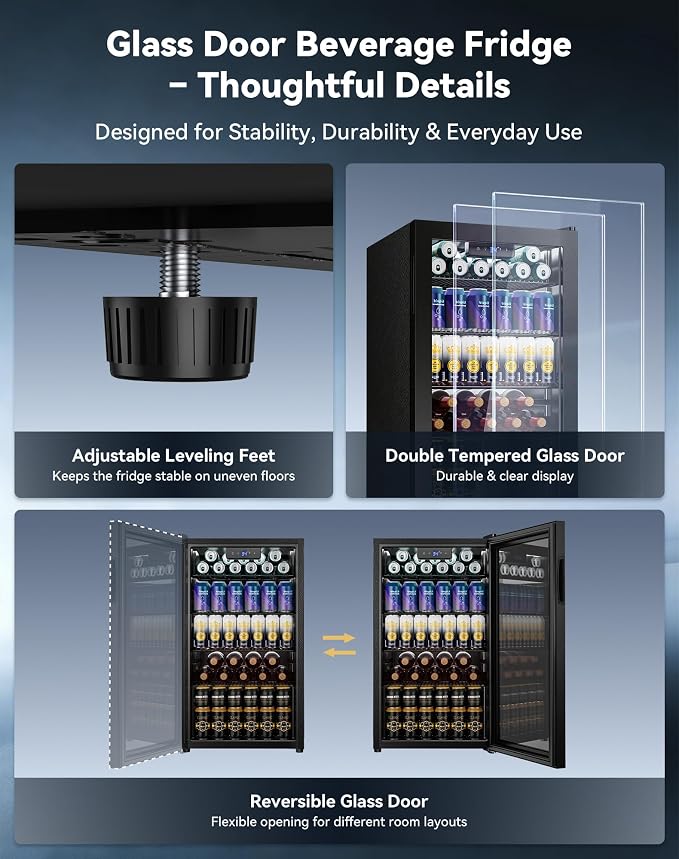 3.2 Cuft Beverage Fridge, 130 Can Mini Fridge With Glass Door, Black | Adjustable Shelves for Wine & Beer, Digital Temp Display, Freestanding for Home & Office, Quiet Compressor Cooling - Image 6