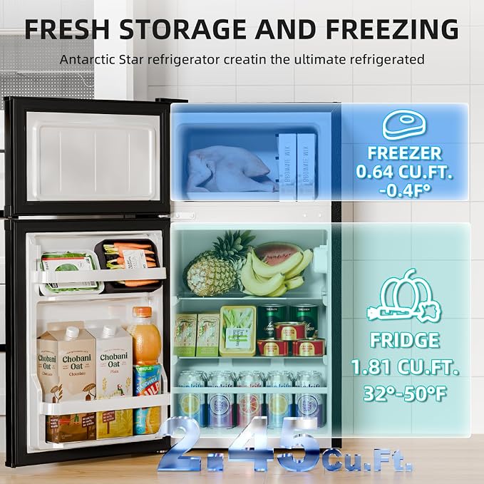 Antarctic Star Mini Fridge with Freezer, Double Door Compact Refrigerator, Adjustable Thermostat, Small Fridge for Bedroom Office Dorm Apartment,2.45 Cu.Ft,Black - Image 3