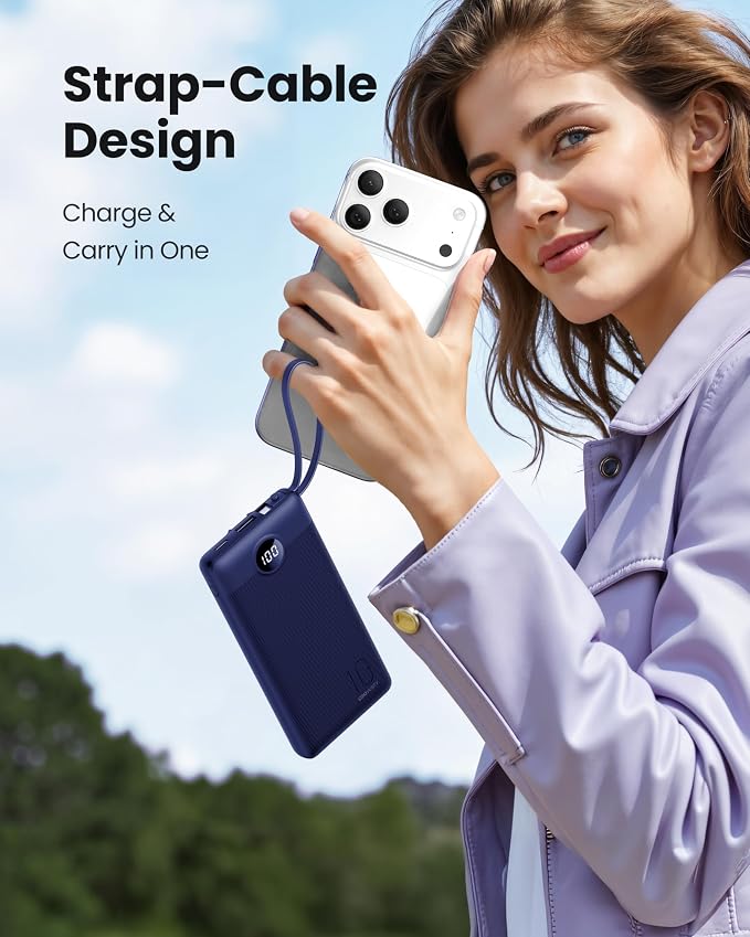 Portable Power Bank, Compact 10000mAh Portable Charger with 4 Cables, USB C Battery Pack 5 Outputs 2 Inputs LED Display Compatible with iPhone/Android & More (Navy Blue) - Image 4