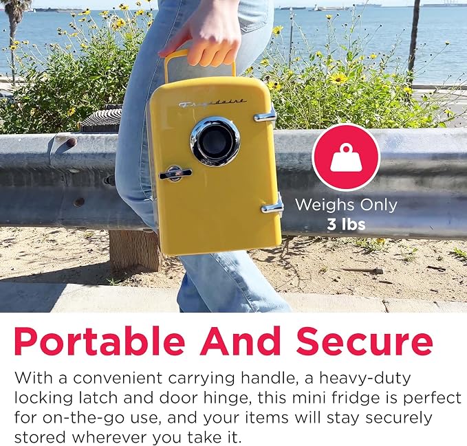Frigidaire Curtis EFMIS151 Mini Portable Compact Personal Cooler Fridge, 4 Liter Capacity, 6 Cans, Makeup, Skincare, Freon-Free & Eco Friendly, Includes Home Plug & 12V Car Charger, Yellow - Image 7