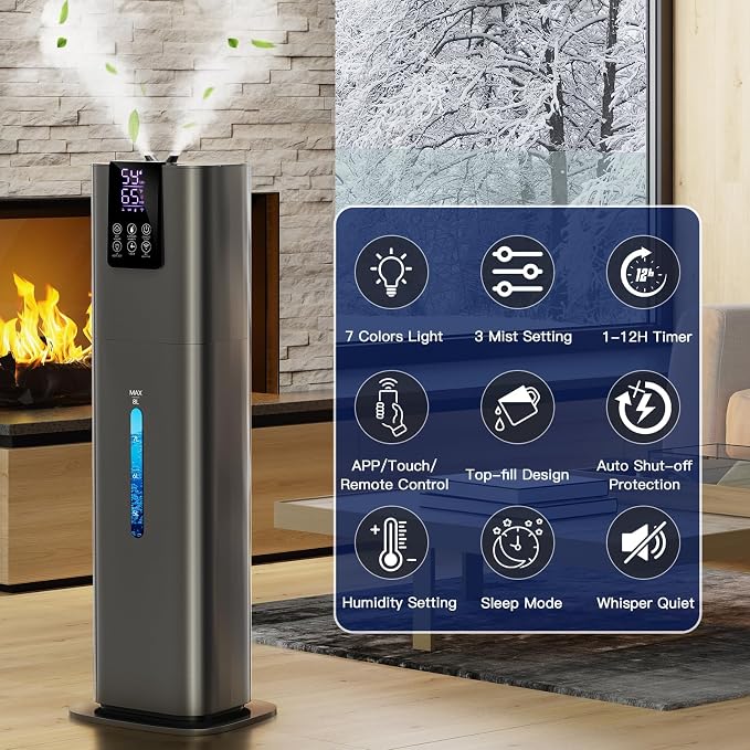 Smart Humidifiers Large Room Bedroom Home, 2.11Gal(8L) Quiet Top Fill Cool Mist Humidifier, Smart App & Remote Control, 3 Speed Humidifier with 360° Nozzle, Humidity Setting for Baby Office(Gray) - Image 2