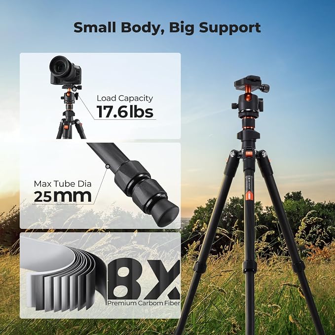 K&F CONCEPT 64" Carbon Fiber Camera Tripod, Lightweight Travel Tripod - Image 4