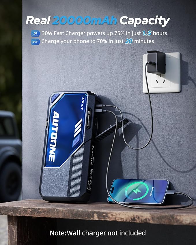 AUTOONE M5 9000A Car Jump Starter 12V Battery Jumper Starter Portable (All Gas/All Diesel) 168W DC Jump Box for Car Battery with Built-in Booster, Type-C Fast Charge & Jumper Cables Jump Pack - Image 3