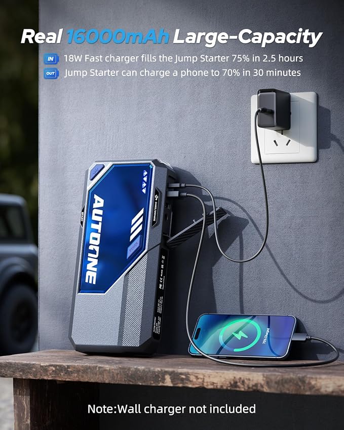 AUTOONE M4 Jump Starter 8000A Car Battery Jumper Starter Portable, 12V Jump Pack (All Gas/12L Diesel) Jump Box for Car Battery with Built-in Booster, Storage Case, LED Light, Jumper Cables - Image 3