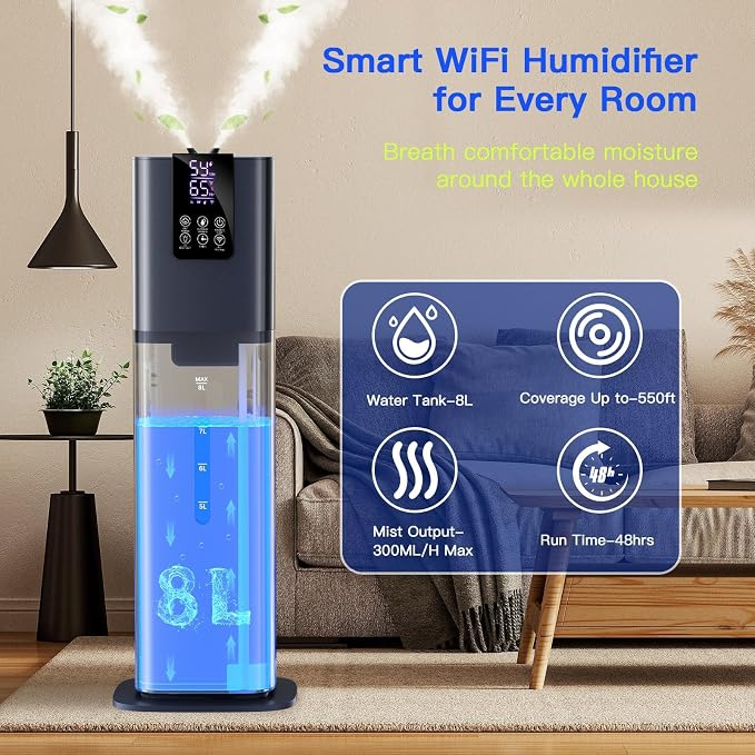 Smart Humidifiers Large Room Bedroom Home, 2.11Gal(8L) Quiet Top Fill Cool Mist Humidifier, Smart App & Remote Control, 3 Speed Humidifier with 360° Nozzle, Humidity Setting for Baby Office(Blue) - Image 3