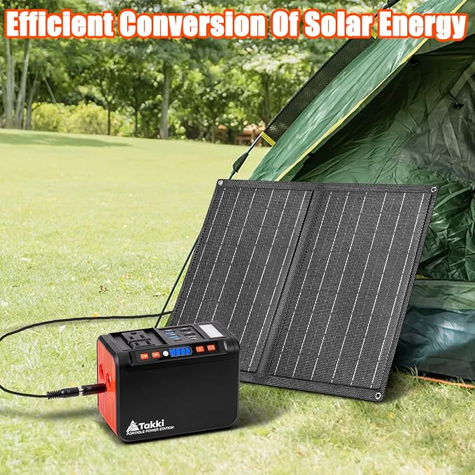 Takki 111Wh Portable Solar Generator Power Station with 21W Foldable Solar Panel, 120W Peak Solar Charger Power Bank with 110V AC DC USB Ports for Camping Emergency Outdoor Home Use - Image 2