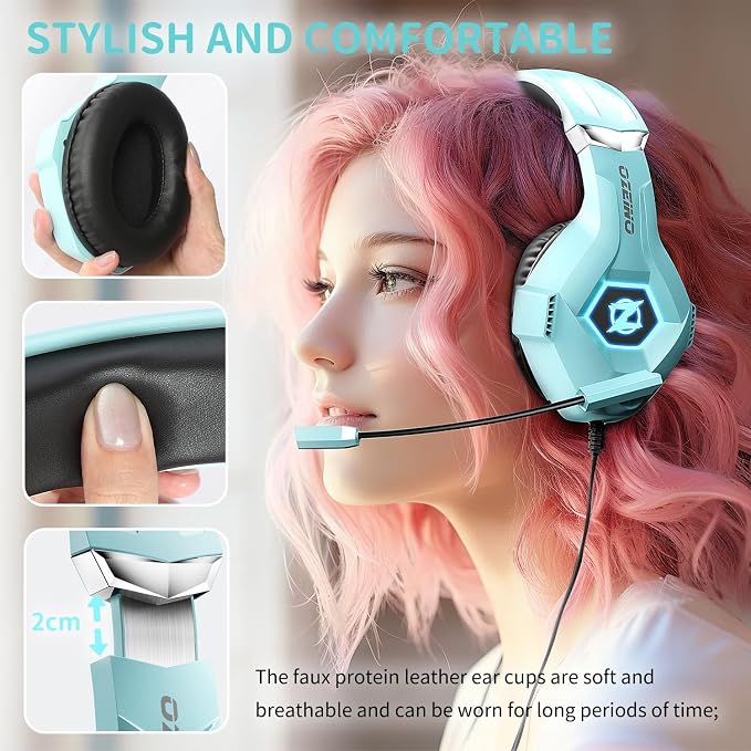 Ozeino Gaming Headset for PC, Ps4, Ps5, Xbox Headset with 7.1 Surround Sound, Gaming Headphones with Noise Cancelling Mic RGB Light Over Ear Headphones for Xbox Series X/S, Switch-Light Blue - Image 2