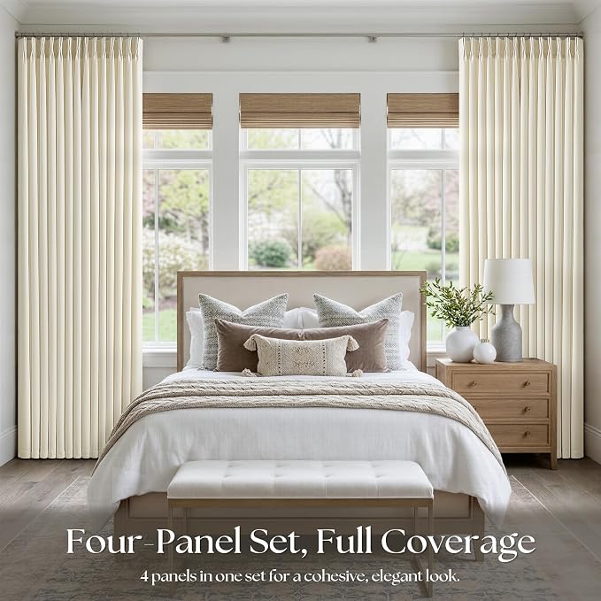 Cream Beige Pinch Pleated Linen Curtains 96 Inch 4 Panels Set - Image 6