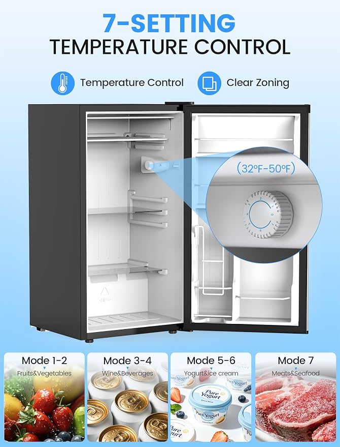 COWSAR 3.1 Cu.ft Mini Dorm Fridge for Bedroom Apartment Office, Silver | Reversible Single Door, Adjustable Thermostat, Energy Saving, Remove Glass Shelves, Compact Small Fridge for College Dorm - Image 3