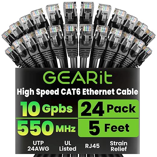 GEARit Cat 6 Ethernet Patch Cables 5 ft Black, CAT6 High Speed 24AWG 10Gbps by GEARit