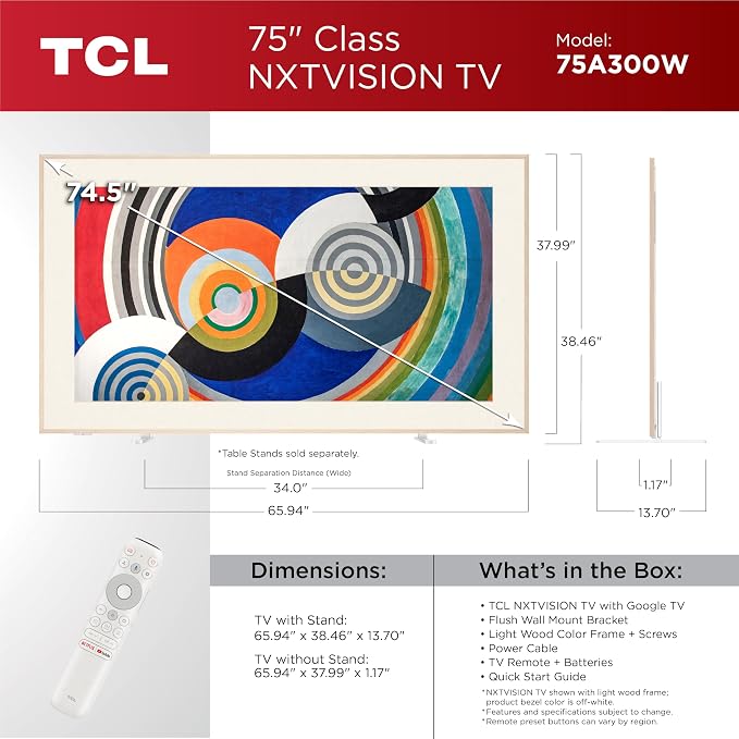 TCL 75 Inch Class NXTVISION Series Picture Frame Art TV | 75A300W, Latest Model | QLED 4K HDR Smart Google TV | 120HZ Dolby Atmos Audio | Alexa Google Apple Streaming Television | Easy Install - Image 2