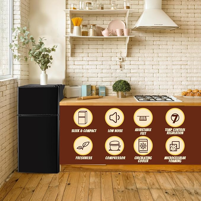 Mini Fridge with Freezer Small Refrigerator Double Door Dorm Fridge for Single Removable Shelves for Bedroom, Office, Dorm Black - Image 2