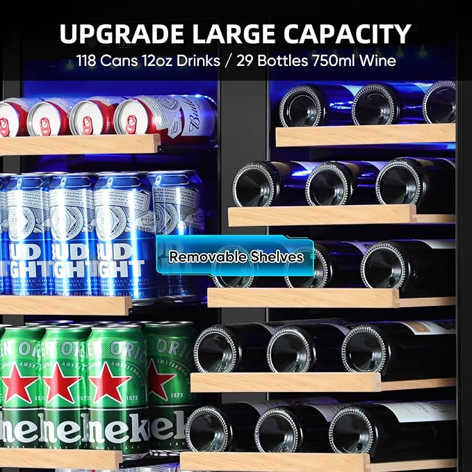 30 Inch Dual Zone Wine & Beverage Refrigerator, Built-In or Freestanding Wine Fridge with Seamless Black Stainless Steel Door, Glass Door, Digital Touch Control, Holds 30 Bottles & 110 Cans - Image 7