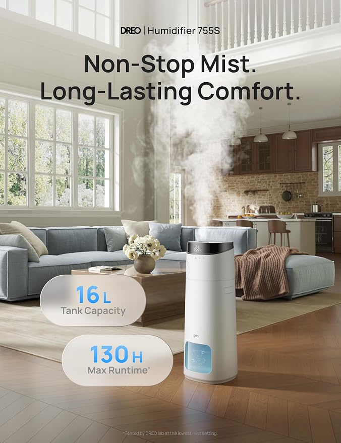 DREO 16L Smart Humidifier Large Room 1000 ft², 130H Cool Mist Air Humidifiers for Bedroom Plants Baby, Top Fill, Remote/Touch/Voice & APP Control, Clean Tank Technology, 30dB, RGB Light, HM755S White - Image 2