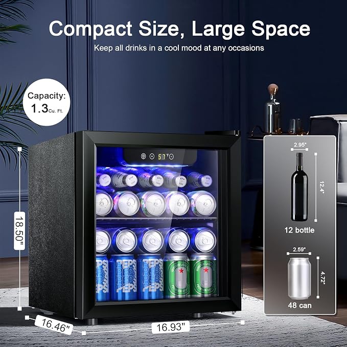 Antarctic Star 12 Bottle/48 Can Beverage Refrigerator, Wine Cooler/Cabinet, Mini Drink Fridge, Clear Front Glass Door Counter Top Red Cellar Beer Soda Bar Quiet Compressor Freestanding 1.3 cu.ft. | 12 Bottle 48 Can capacity, Low Noise Clear Glass Door,... - Image 2