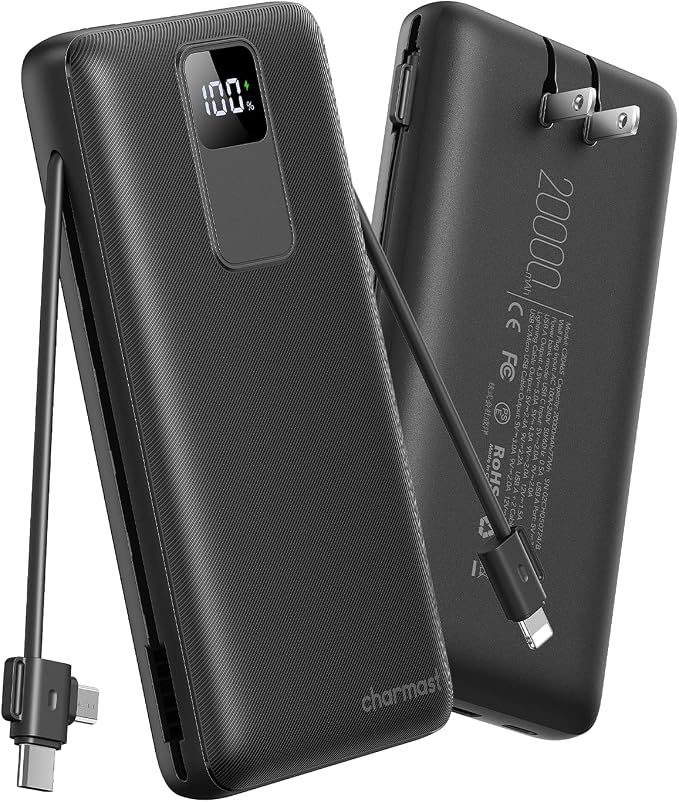 charmast Portable Charger 20000mAh with Wall Plug, Fast Charging Power Bank USB C, 20W PD Battery Pack with Built-in Cables Travel Essential for iPhone 16/15/14, Samsung, iPad More Devices (Black) by Charmast