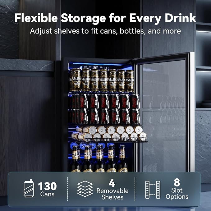 130 Can Beverage Refrigerator, 3.2 Cu.Ft Mini Fridge Beverage Cooler | Glass Door, 35–65°F Digital Temperature Display, Adjustable Shelves, Beverage Fridge for Soda, Beer & Wine - Image 6