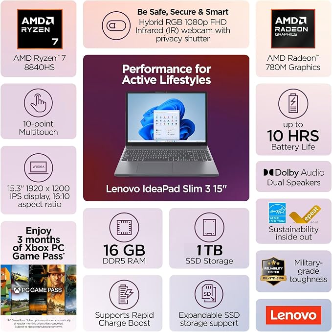 Lenovo IdeaPad Slim 3 Laptop 15.3" WUXGA (1920 x 1200) Touchscreen, Ryzen 7 8840HS, 8-core, AMD Radeon 780M, 16GB DDR4, 1TB SSD, Wi-Fi6, Bluetooth 5.3, Win 11, Luna Grey, w/USB Hub, W/GaLiMu - Image 2