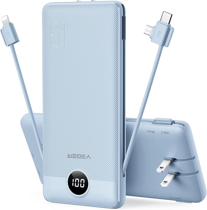 VEGER Portable Charger with Built-in AC Plug and Cables, All in One 10000mAh Ultra Slim Power Bank Travel Essentials, Fast Charging Battery Pack Compatible with iPhone, Samsung, Android (Blue) by VEGER