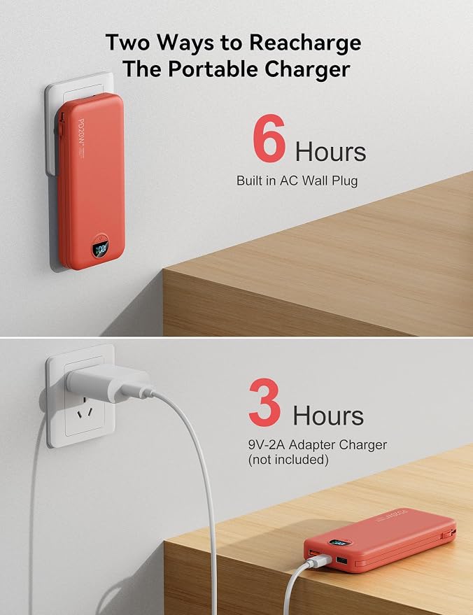 10000mAh Ultra-Portable-Charger-Power-Bank with Built in Cables&AC Wall Plug, PD20W USB-C Fast Charging Cell Phone Charger Battery Pack,LED Display Travel Battery Bank for All iPhone,Samsung,Android - Image 7