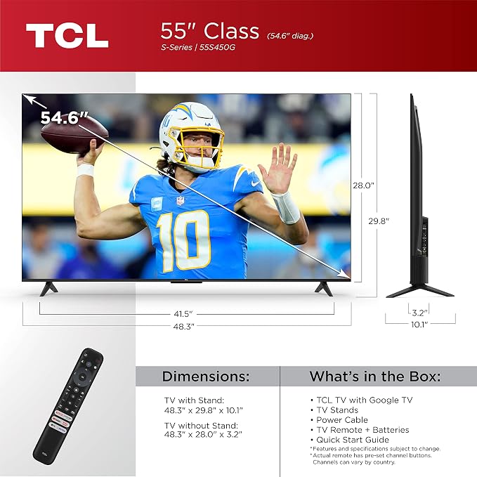 TCL 55-Inch Class S4 4K LED Smart TV with Google (55S450G, 2023 Model), Dolby Vision, HDR Pro, Atmos, Assistant Built-in Voice Remote, Works Alexa, Streaming UHD Television - Image 3