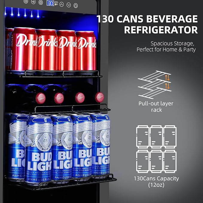 ORYMUS 15 Inch Beverage Refrigerator, 130 Cans Drink Fridge with Glass Door & Lock, Under Counter or Freestanding Beverage Cooler for Soda, Beer & Water, Upgraded Quiet Compressor, Memory Temp, Black - Image 2