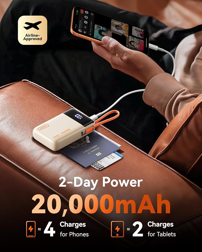 INIU 20000mAh Power Bank, Small Portable Charger, 45W PD Fast Charging Battery Pack with Build in USB-C Cable, Travel Phone Charger for iPhone 17 16 15 14 Air Samsung S25 S24 Google iPad Xiaomi, Beige - Image 5
