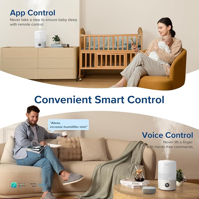 LEVOIT Smart Cool Mist Top Fill Humidifiers for Bedroom with Sensor, Auto Humidity Setting, APP & Voice Control, Essential Oil Diffuser, Ultra Quiet Operation, Super Easy Top Fill, 3L, White - Image 3