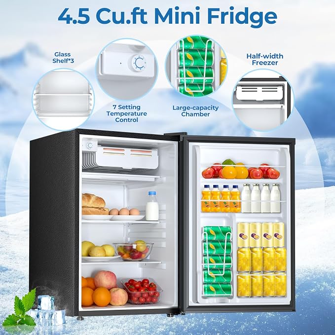 Electactic 4.5 Cu.ft Mini Fridge with Freezer, Compact Refrigerator with Reversible Single Door, Adjustable Thermostat, Low Noise, Energy Efficient for Office, Dorm, Bedroom, Apartment BLACK - Image 3