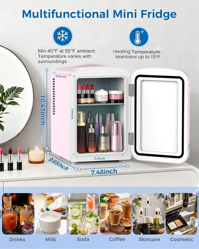 Electactic Mini Fridge for Skincare, 4L/6 Cans Portable Compact Cosmetic Fridge, Retro Desktop Fridge with AC/DC Adapters, Small Cooler and Warmer for Beverage, Makeup, Bedroom, Office, Kids, Pink - Image 4